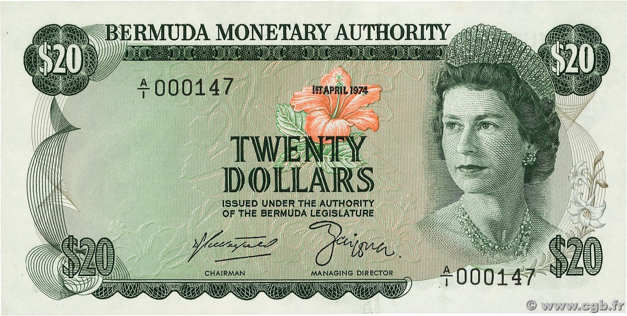 20 Dollars Petit numéro BERMUDA  1974 P.31a FDC