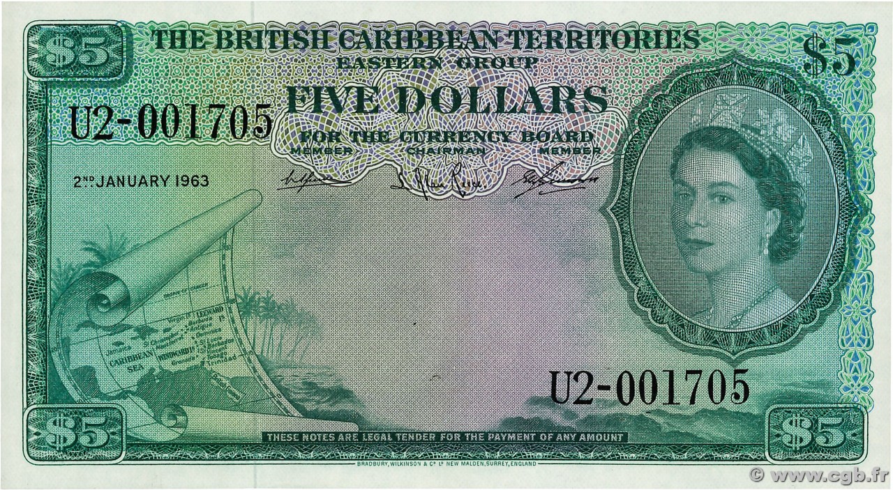 5 Dollars CARIBBEAN   1963 P.09c AU-
