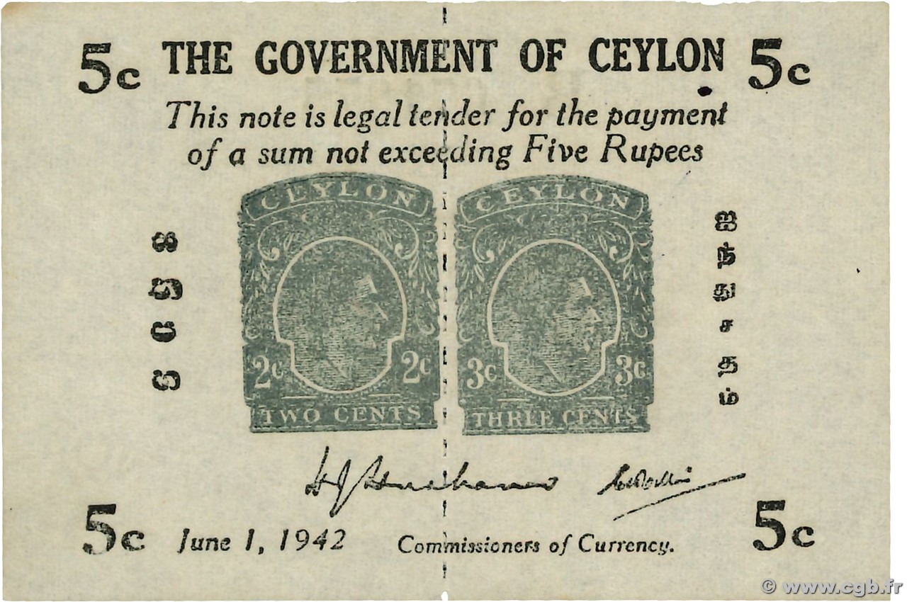 5 Cents CEYLON  1942 P.042b fST