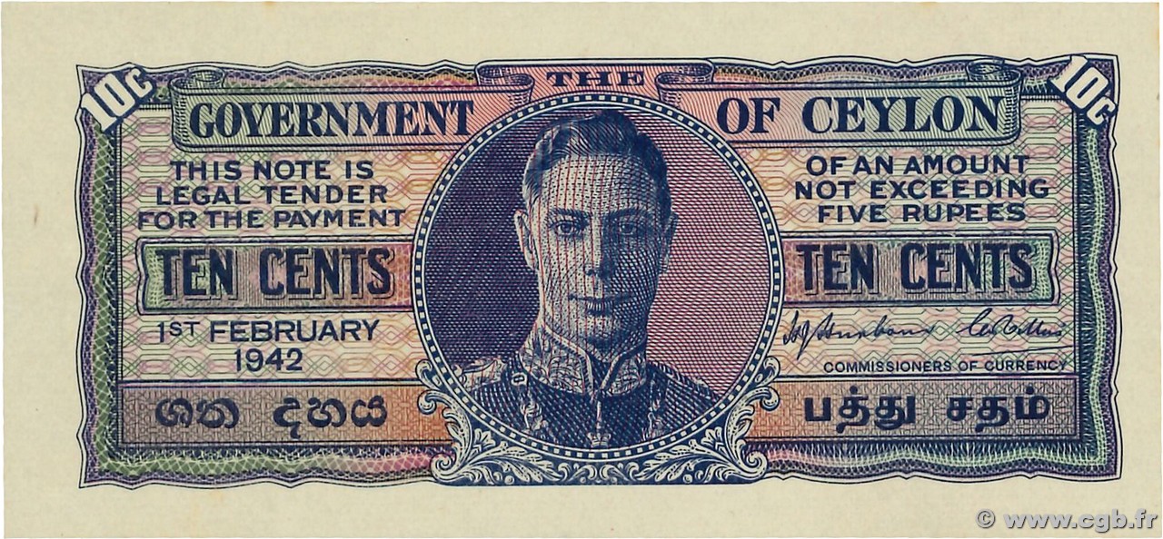 10 Cents CEYLON  1942 P.043a UNC