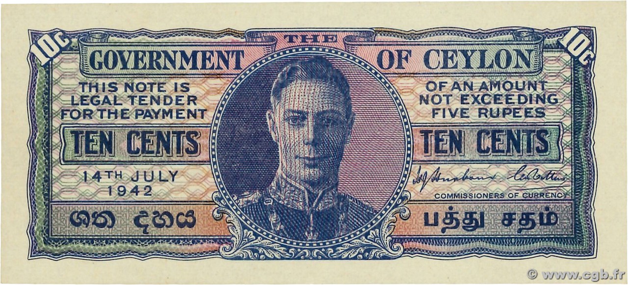 10 Cents CEYLON  1942 P.043a UNC-