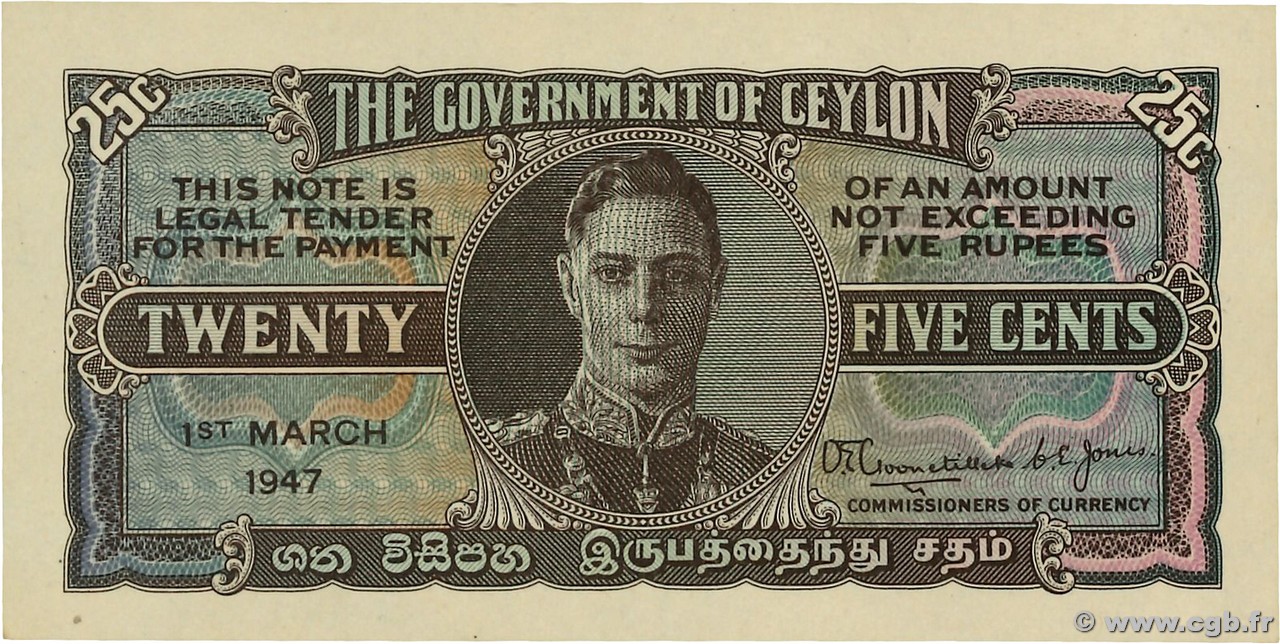 25 Cents CEYLON  1947 P.044b UNC