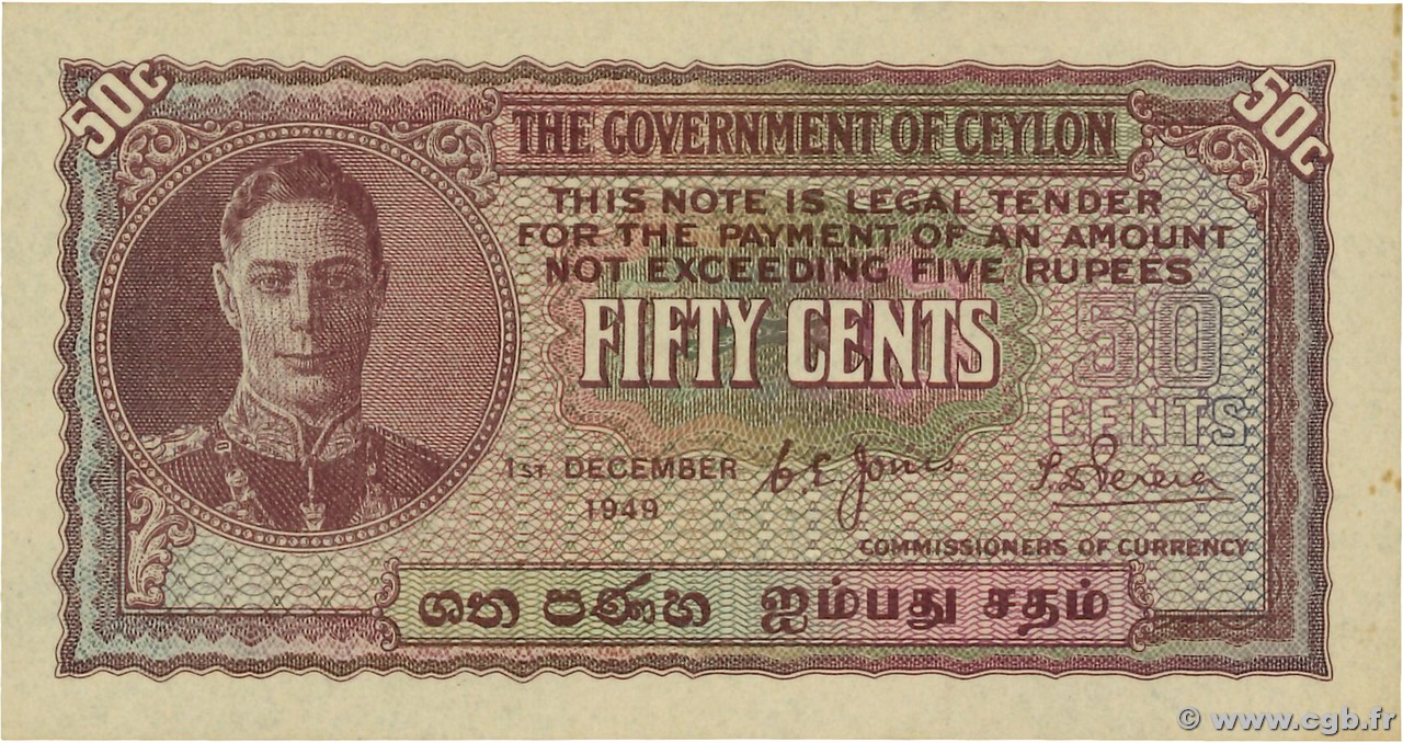 50 Cents CEILáN  1949 P.045b FDC