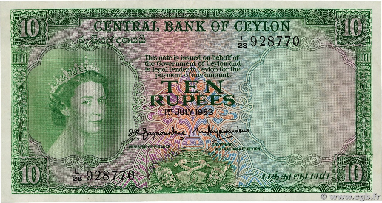 10 Rupees CEYLON  1953 P.055 AU