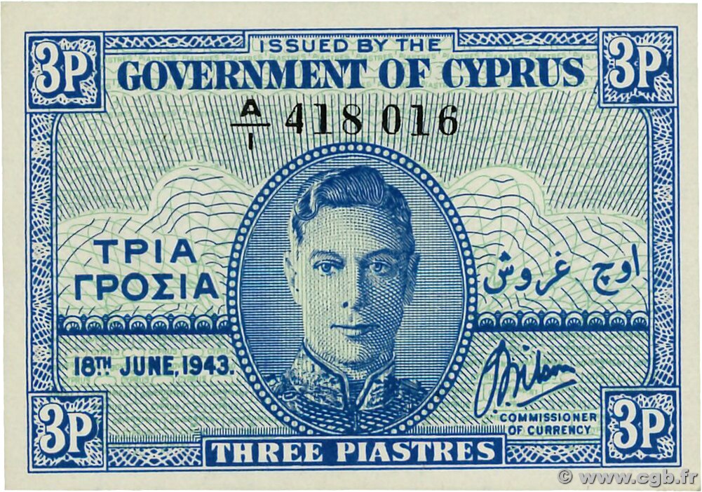 3 Piastres CYPRUS  1943 P.28a UNC