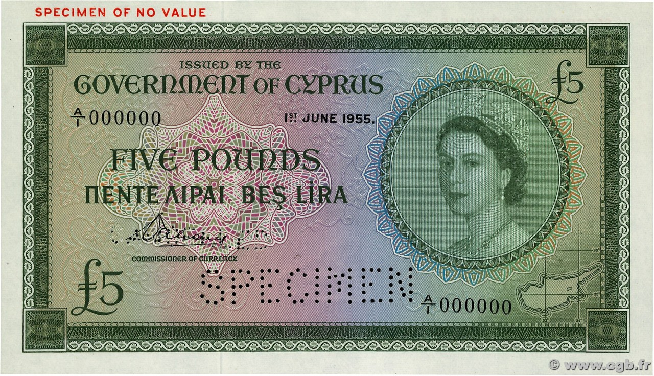 5 Pounds Spécimen CHIPRE  1955 P.36s FDC