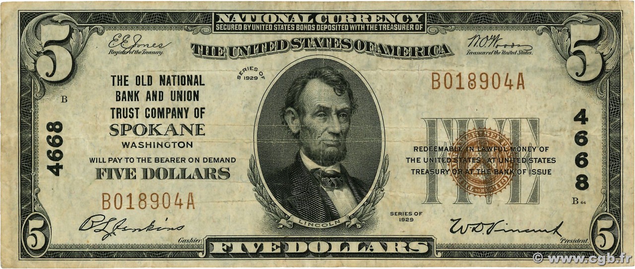5 Dollars UNITED STATES OF AMERICA Washington 1929 FR.1800 F+