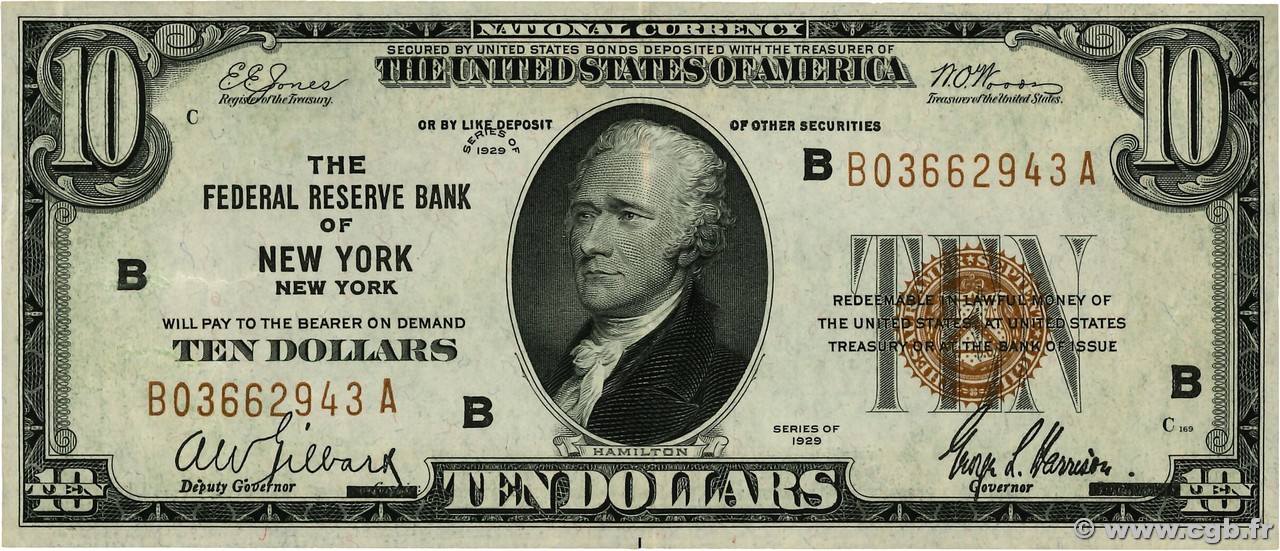 10 Dollars UNITED STATES OF AMERICA New York 1929 P.396 XF+