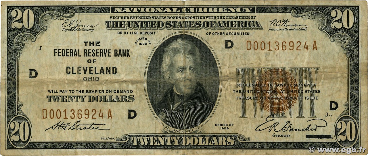 20 Dollars ÉTATS-UNIS D AMÉRIQUE Cleveland 1929 P.397 B+