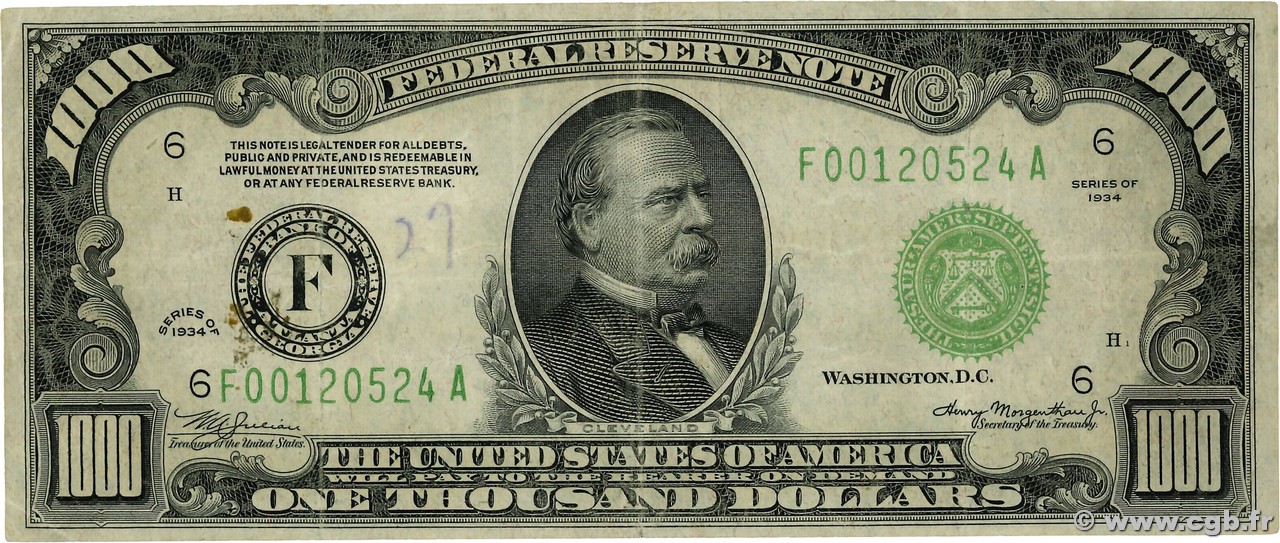 1000 Dollars ÉTATS-UNIS D AMÉRIQUE Atlanta  1934 P.435a TB