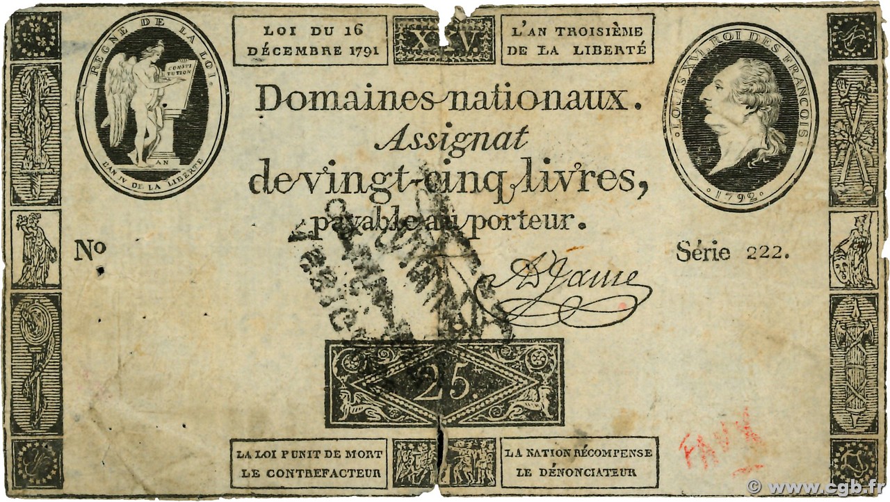25 Livres Faux FRANCIA  1791 Ass.22f q.MB