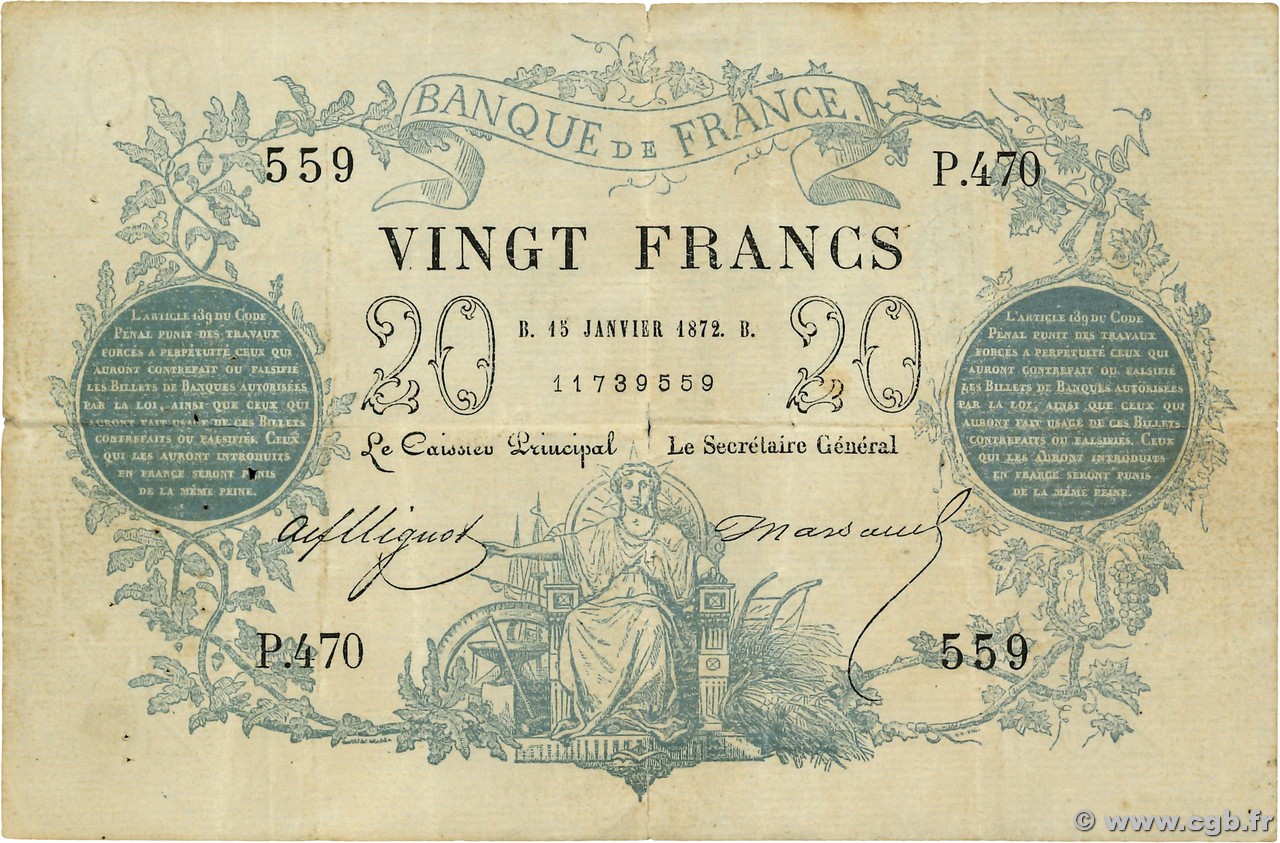 20 Francs type 1871 FRANKREICH  1872 F.A46.03 S