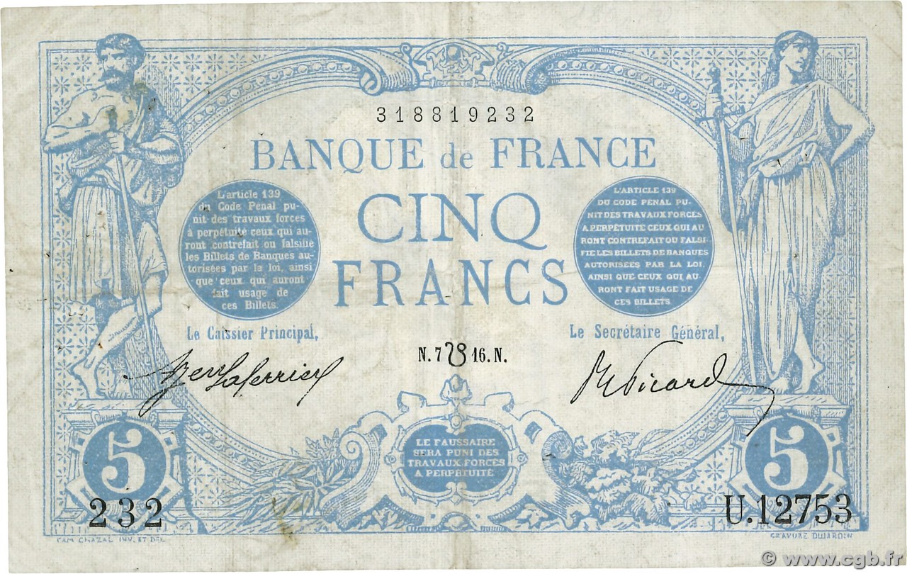 5 Francs BLEU lion inversé FRANCIA  1916 F.02bis.04 q.BB