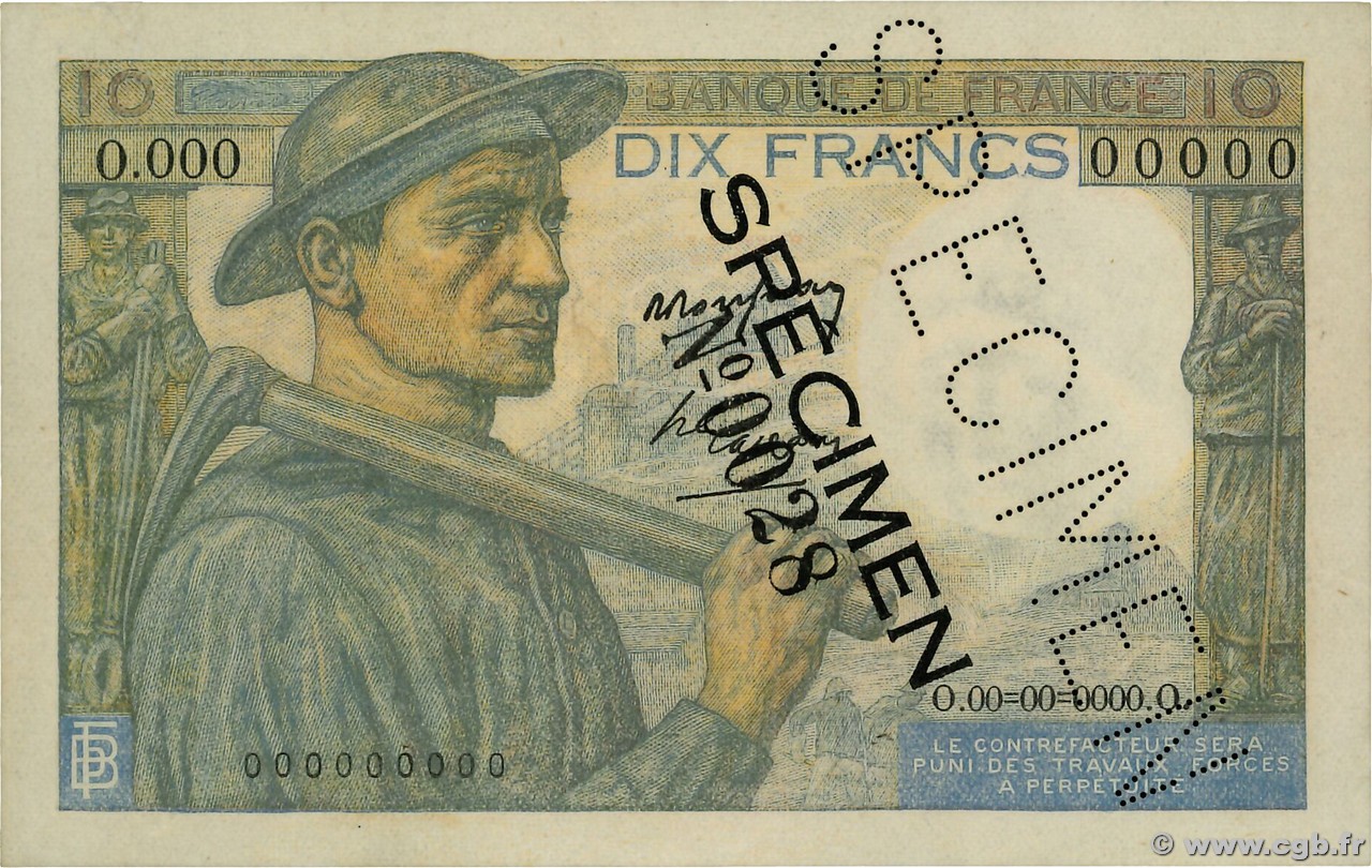 10 Francs MINEUR Spécimen FRANKREICH  1947 F.08.18Spn fST+