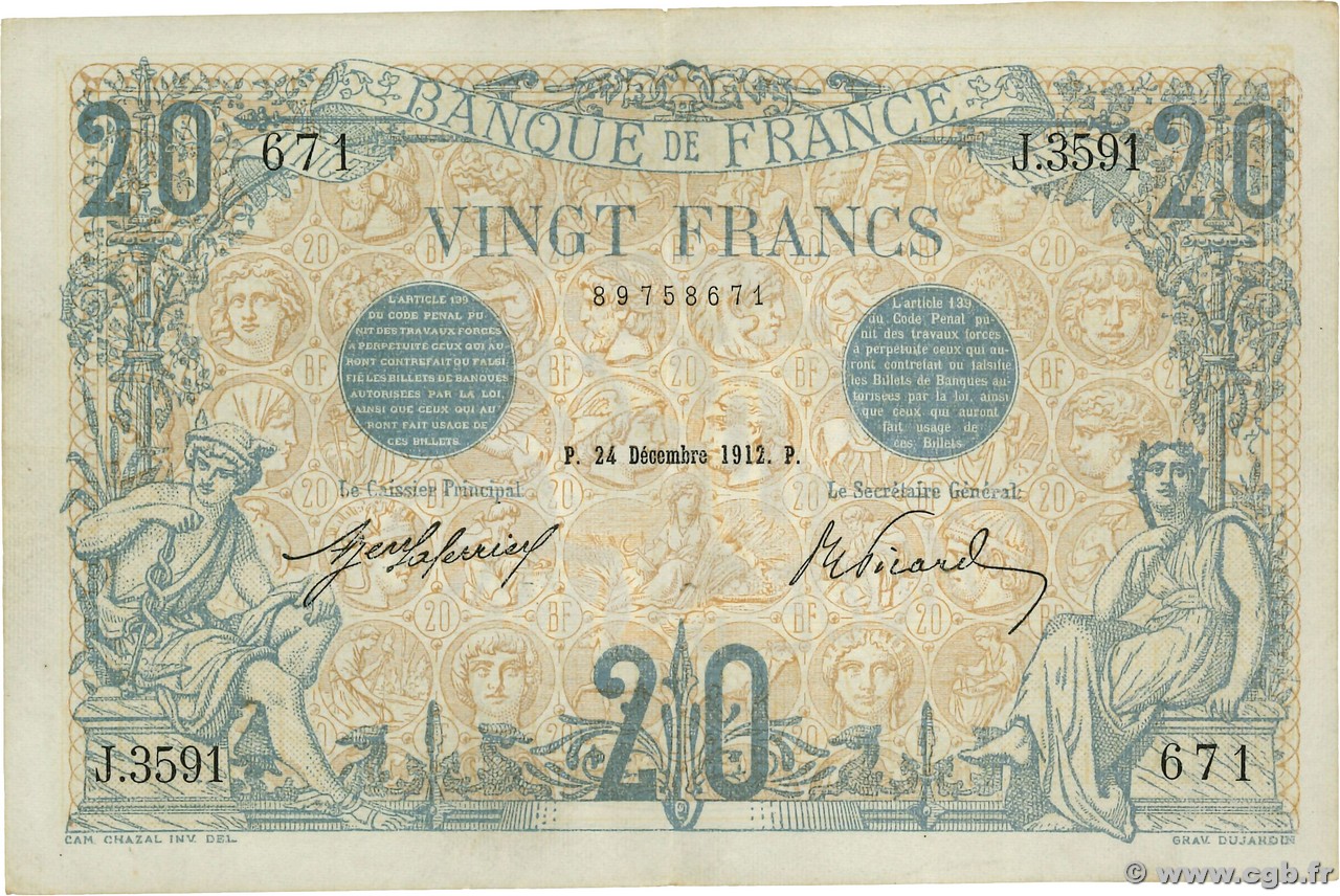 20 Francs BLEU FRANCE  1912 F.10.02 XF-