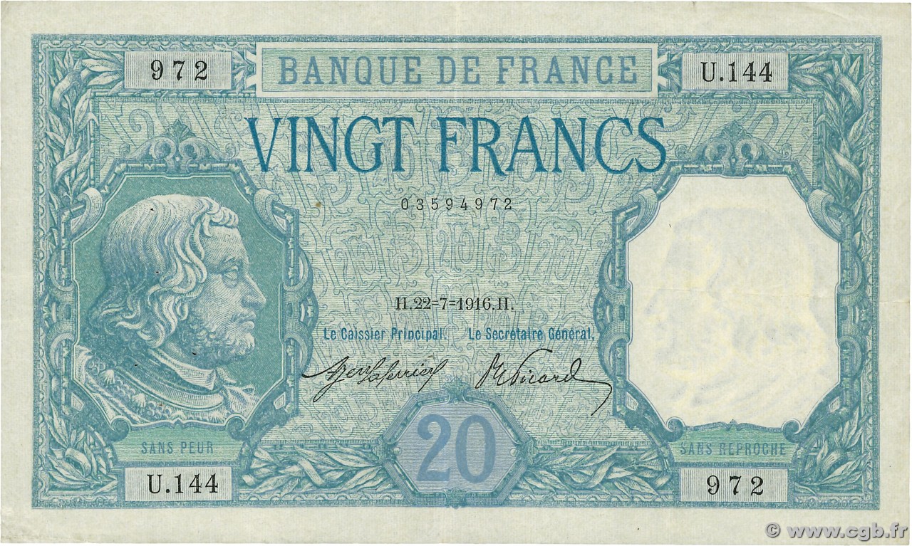 20 Francs BAYARD FRANCE  1916 F.11.01 TTB