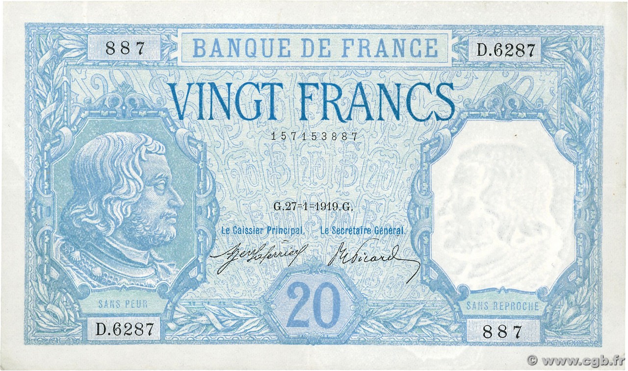 20 Francs BAYARD FRANCE  1919 F.11.04 VF
