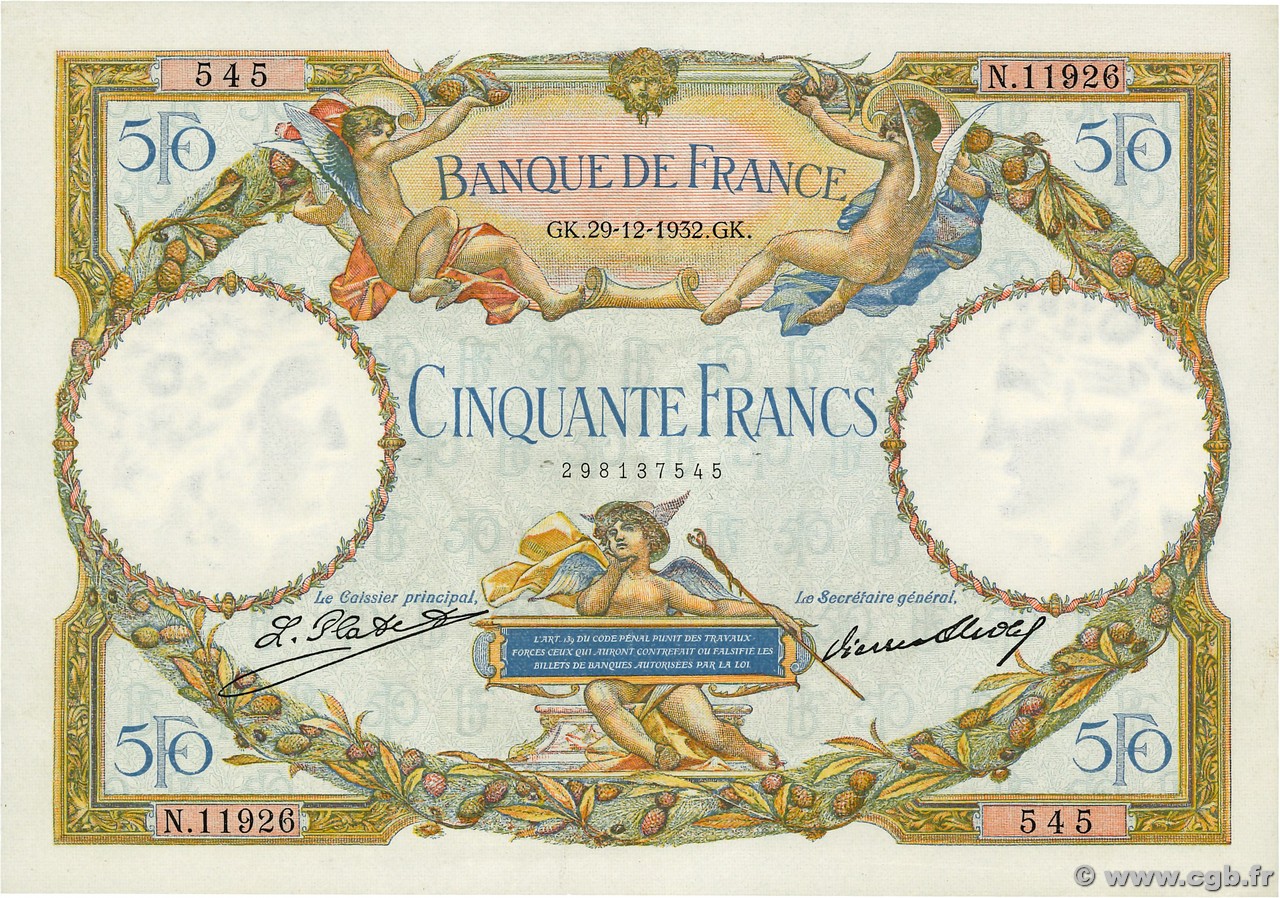 50 Francs LUC OLIVIER MERSON type modifié FRANCIA  1932 F.16.03 SPL+
