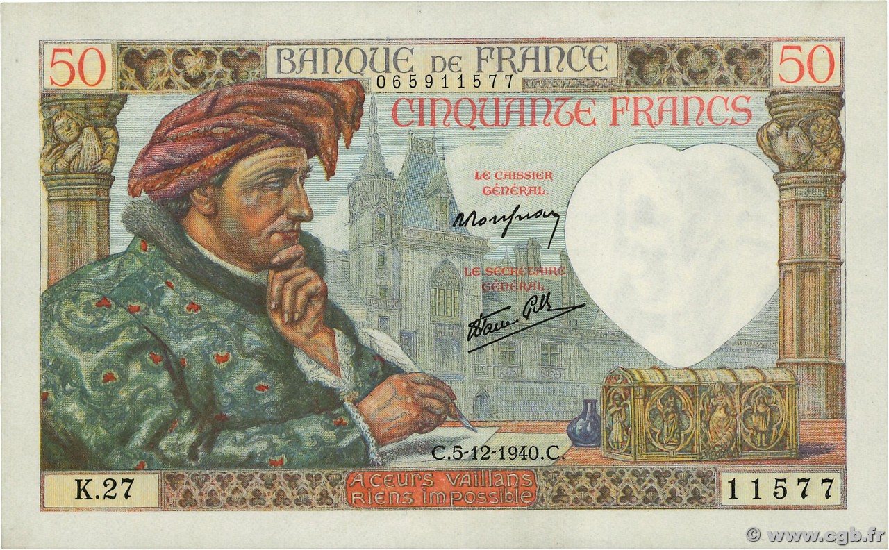 50 Francs JACQUES CŒUR FRANCIA  1940 F.19.04 SPL+