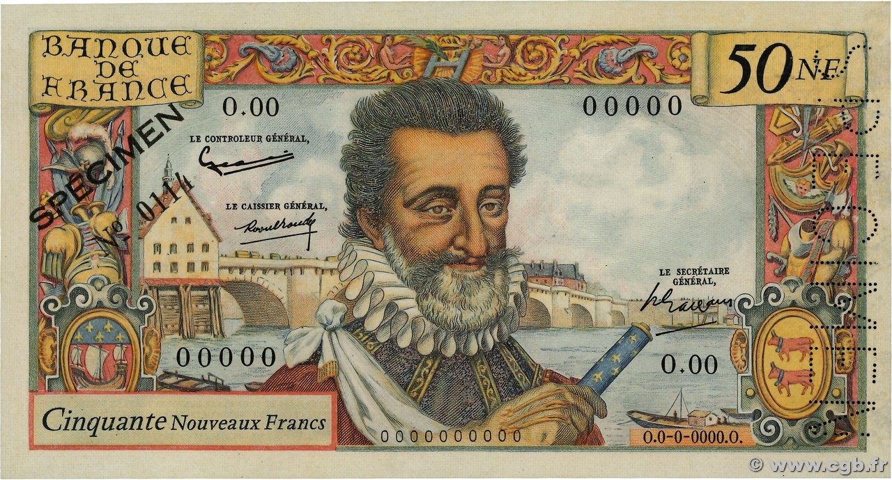 50 Nouveaux Francs HENRI IV Spécimen FRANCIA  1959 F.58.01Spn AU