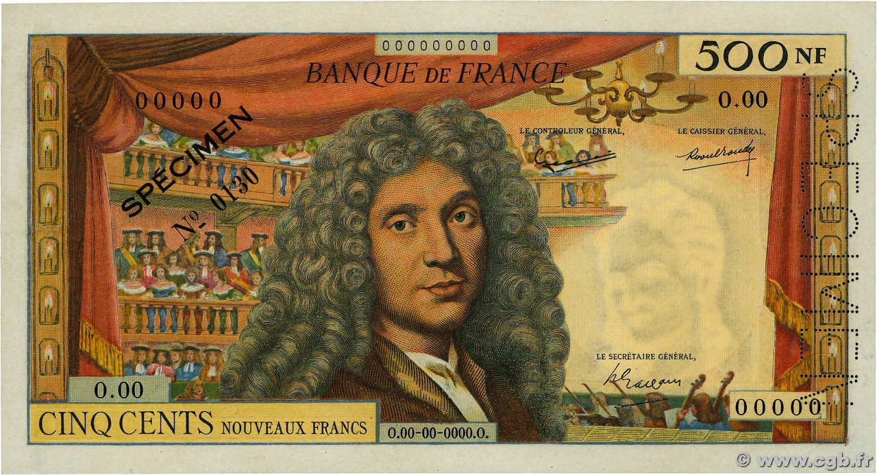 500 Nouveaux Francs MOLIÈRE Spécimen FRANCIA  1959 F.60.01Spn AU
