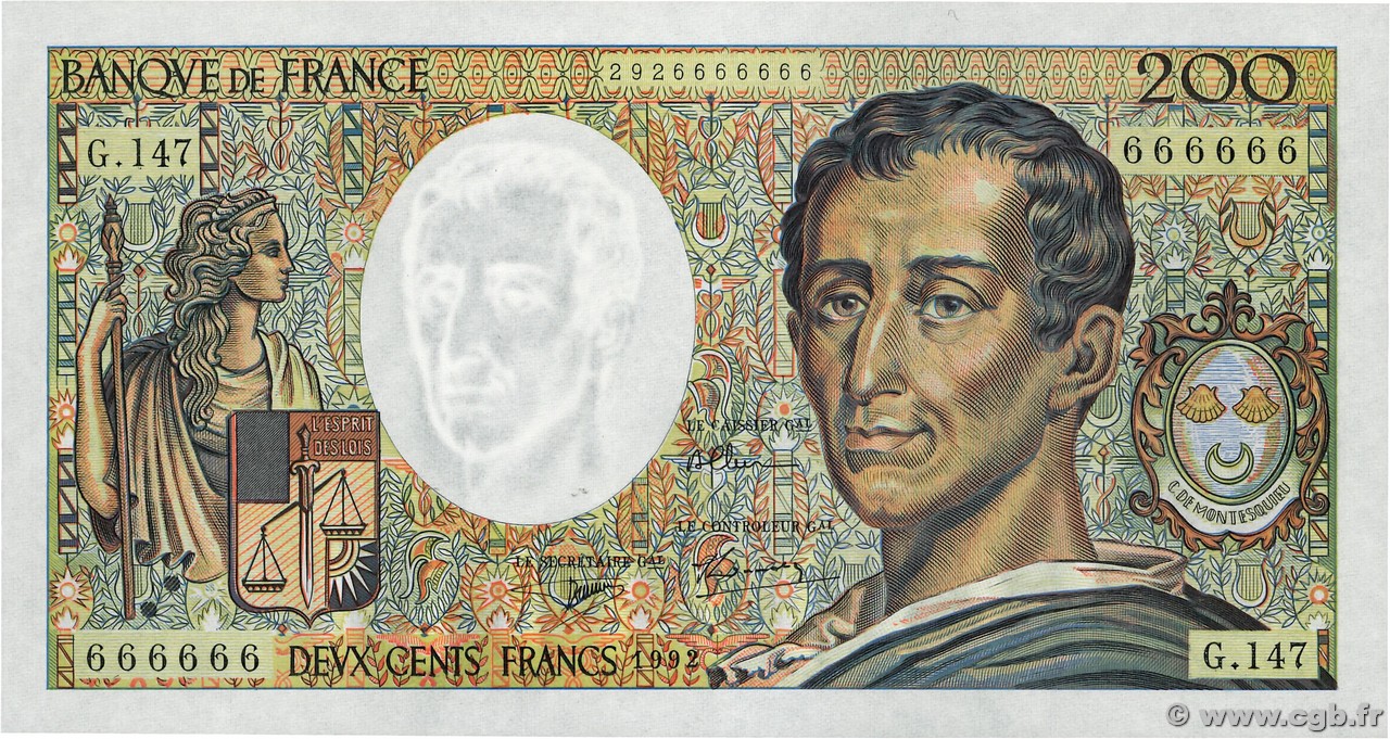 200 Francs MONTESQUIEU Numéro spécial FRANCE  1992 F.70.12c NEUF