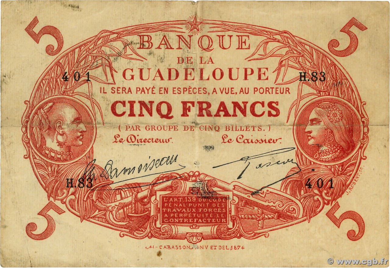 5 Francs Cabasson rouge GUADELOUPE  1928 P.07b TTB