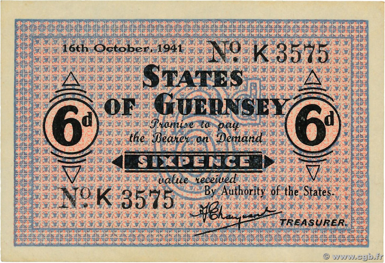 6 Pence GUERNSEY  1941 P.22 fST+