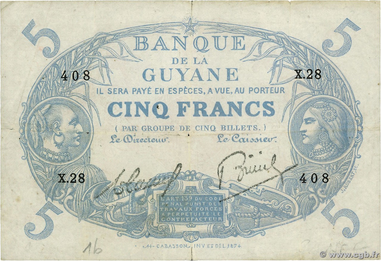 5 Francs Cabasson bleu FRENCH GUIANA  1933 P.01b F