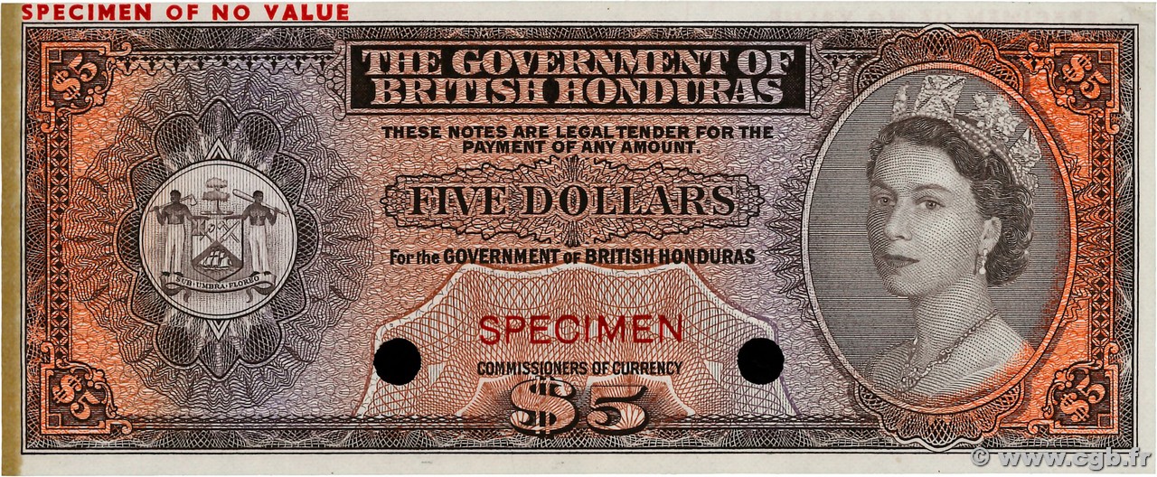 5 Dollars Spécimen BRITISH HONDURAS  1964 P.30cts SC