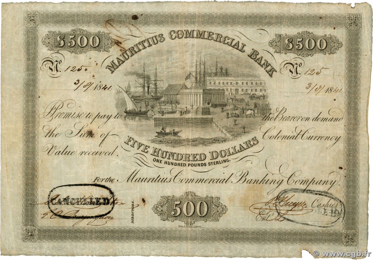 500 Dollars - 100 Pounds Sterling Annulé ÎLE MAURICE  1841 PS.129b pr.TTB