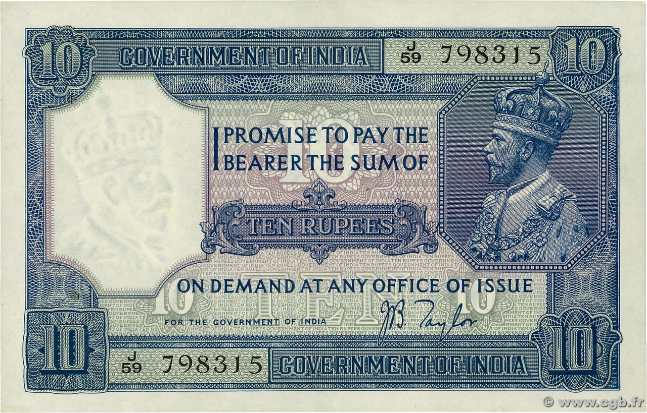 10 Rupees INDIA  1917 P.007b AU