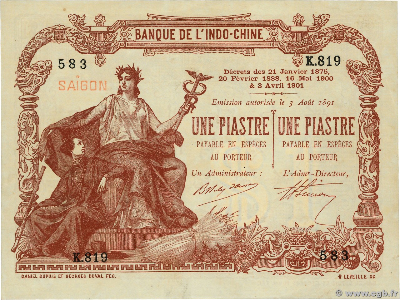 1 Piastre - 1 Piastre INDOCINA FRANCESE Saïgon 1909 P.034b AU+