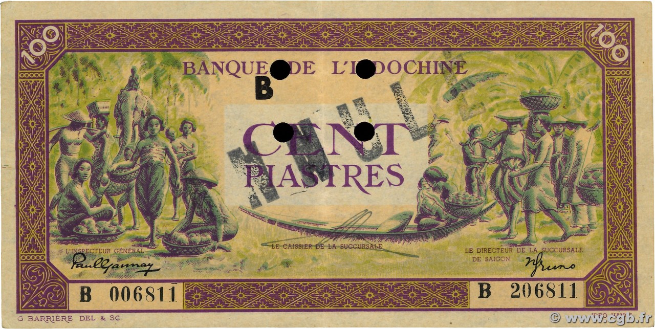 100 Piastres violet et vert Annulé INDOCHINA  1942 P.067s EBC+