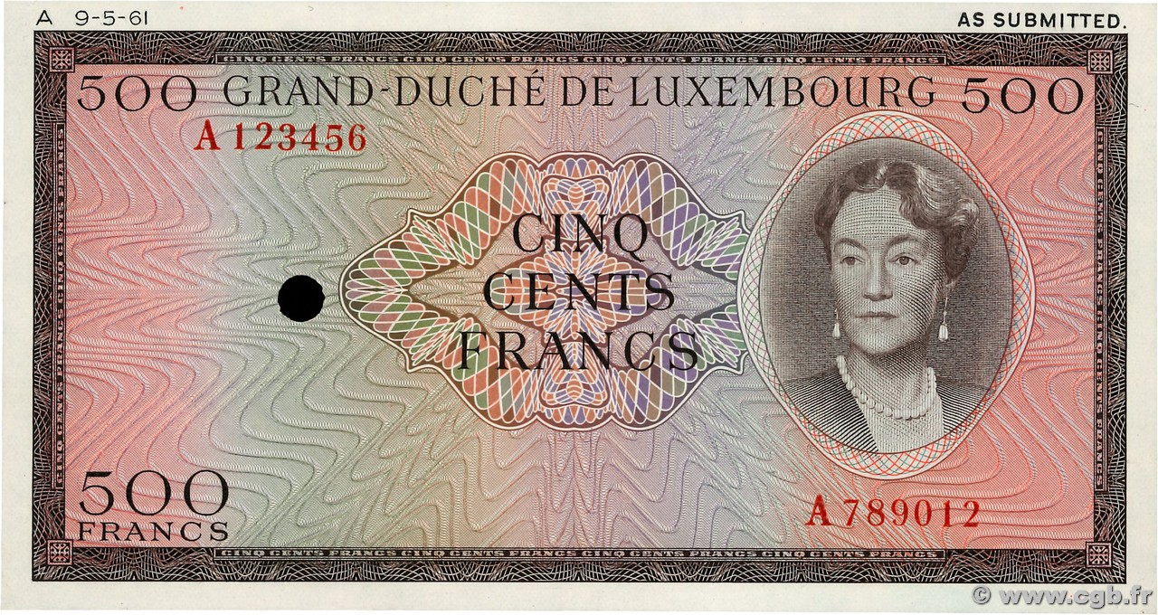 500 Francs Spécimen LUSSEMBURGO  1963 P.52Act FDC