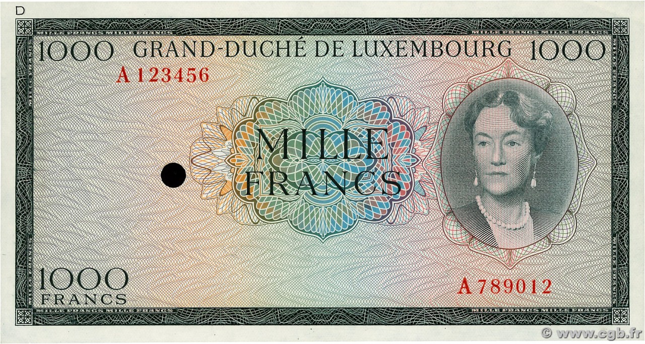 1000 Francs Spécimen LUXEMBOURG  1963 P.52Be UNC-