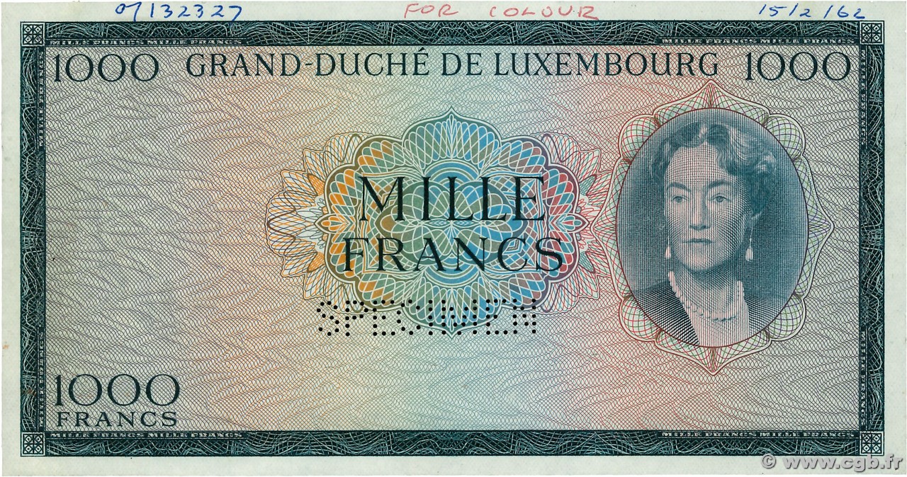 1000 Francs Épreuve LUXEMBOURG  1963 P.52Be UNC