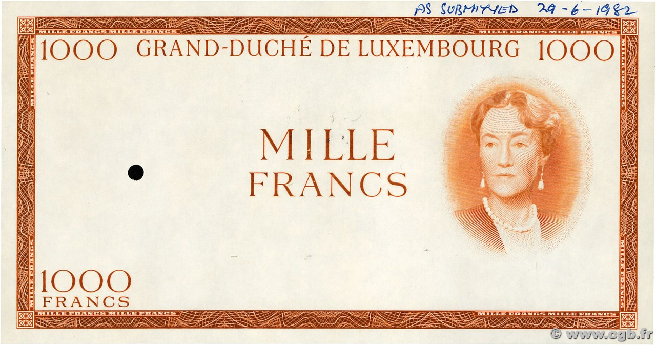 1000 Francs Épreuve LUXEMBOURG  1982 P.52Be UNC