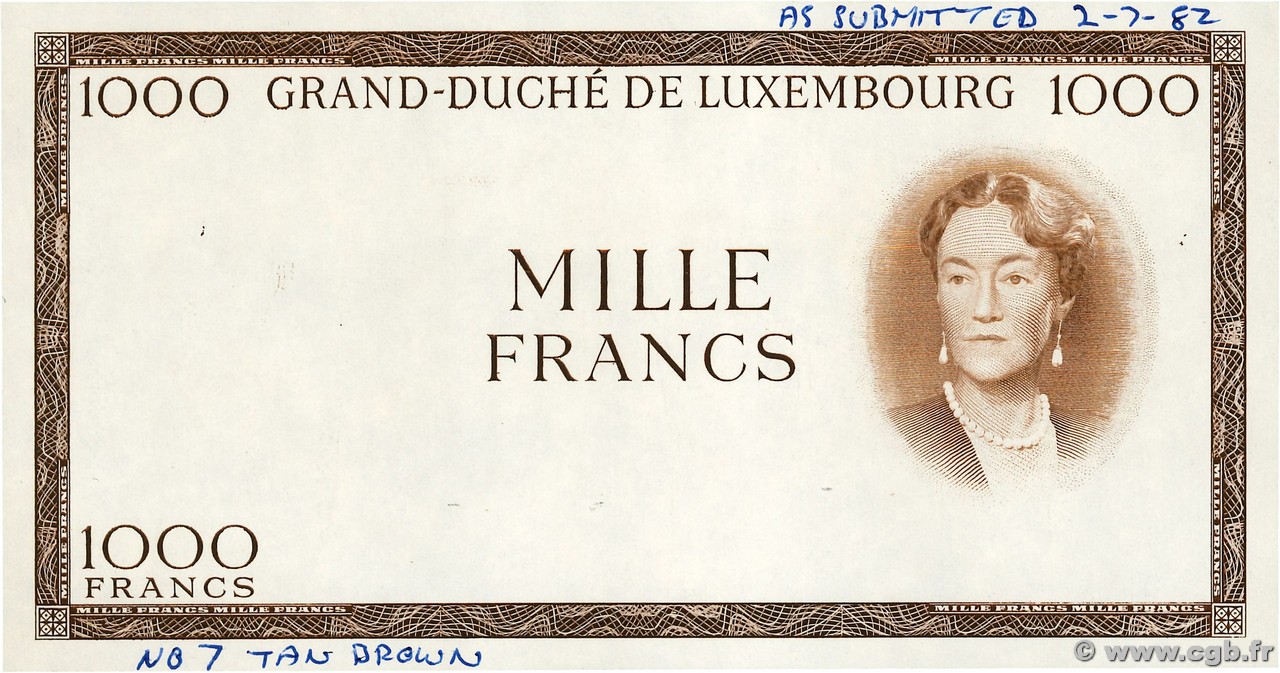 1000 Francs Épreuve LUXEMBURGO  1982 P.52Be FDC