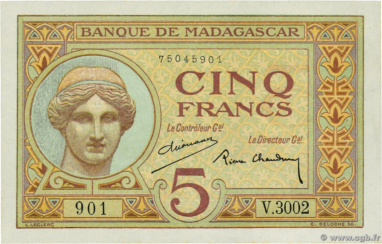 5 Francs MADAGASKAR  1937 P.035 fST