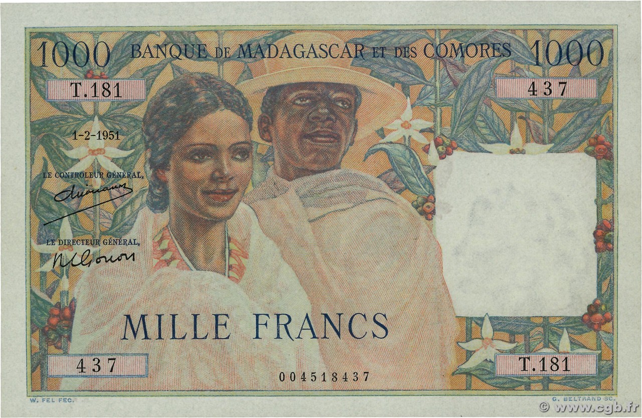 1000 Francs MADAGASCAR  1951 P.048a q.FDC