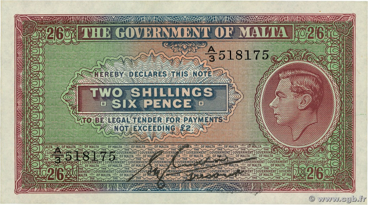 2 Shillings 6 Pence MALTE  1940 P.18 q.AU