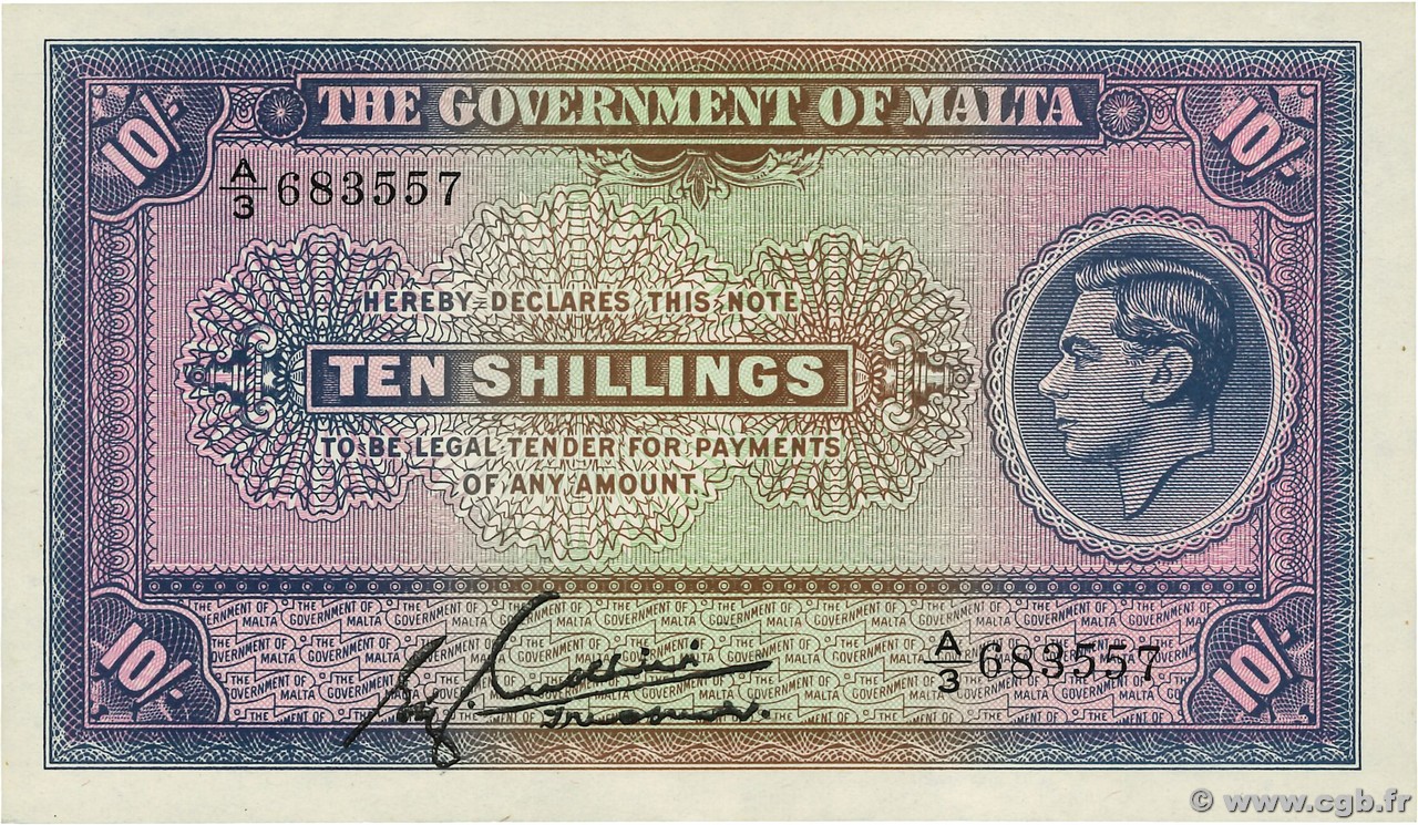 10 Shillings MALTE  1940 P.19 FDC