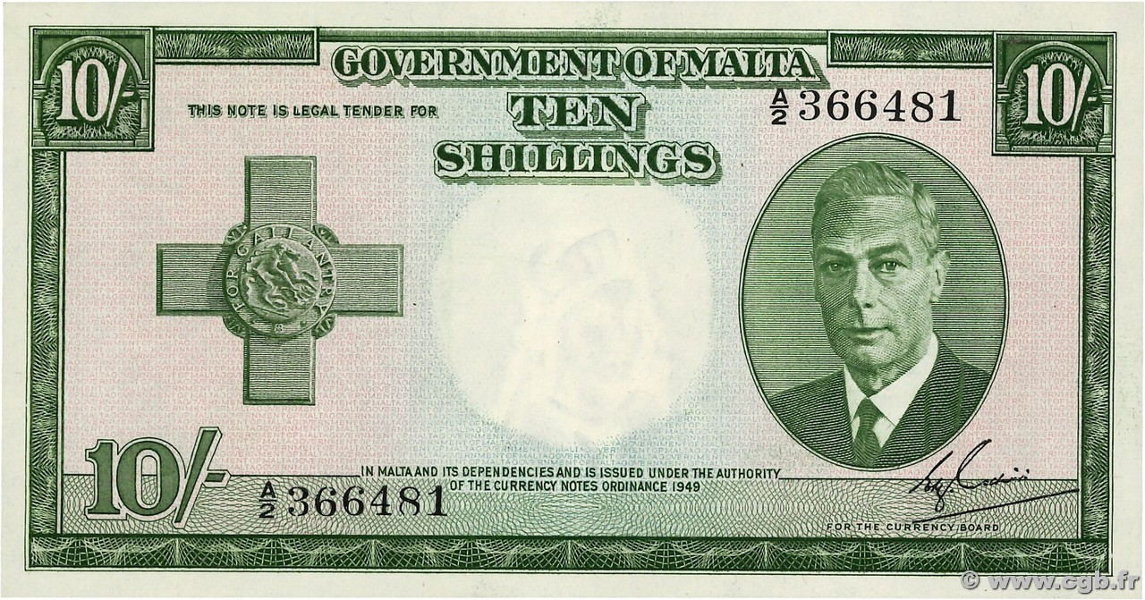 10 Shillings MALTE  1951 P.21 q.FDC
