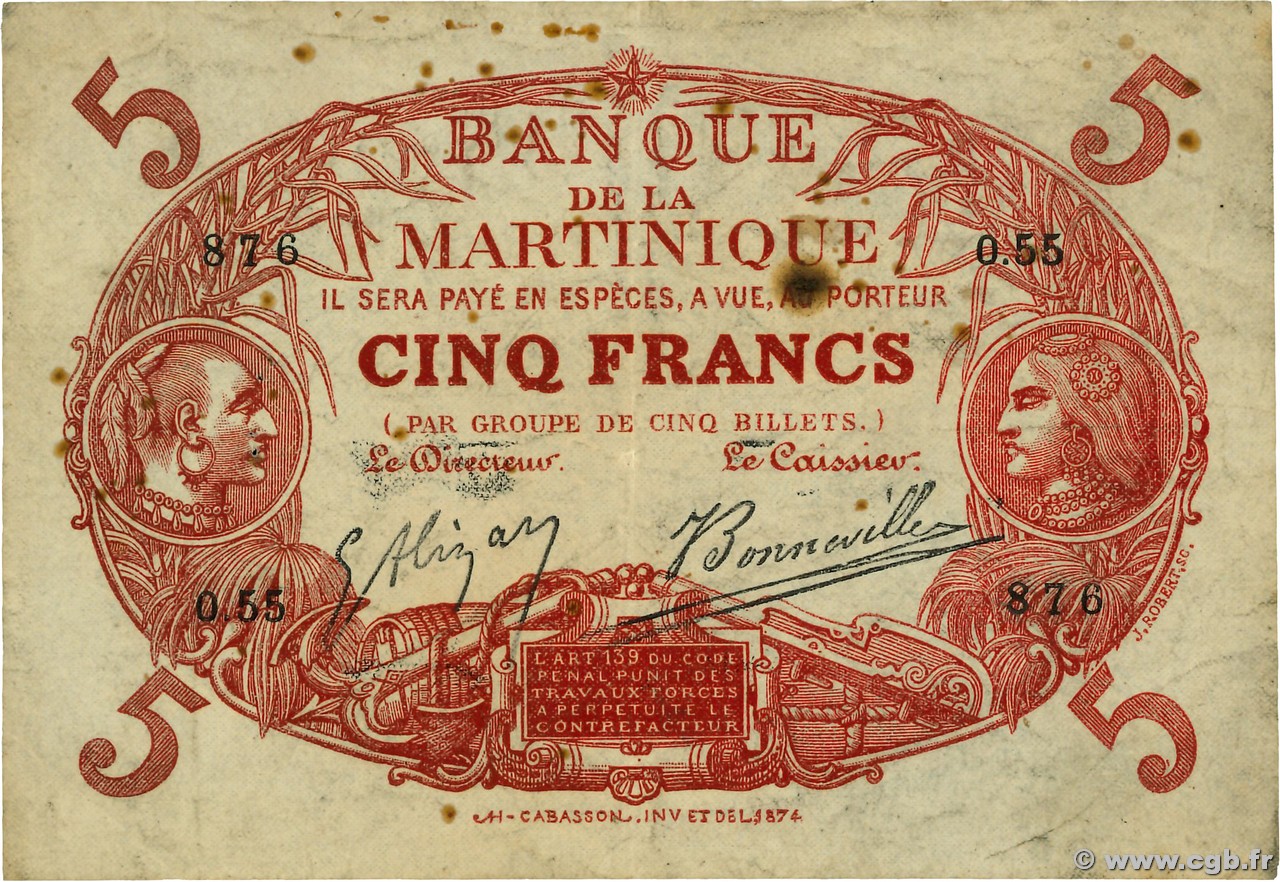 5 Francs Cabasson rouge MARTINIQUE  1903 P.06A TB