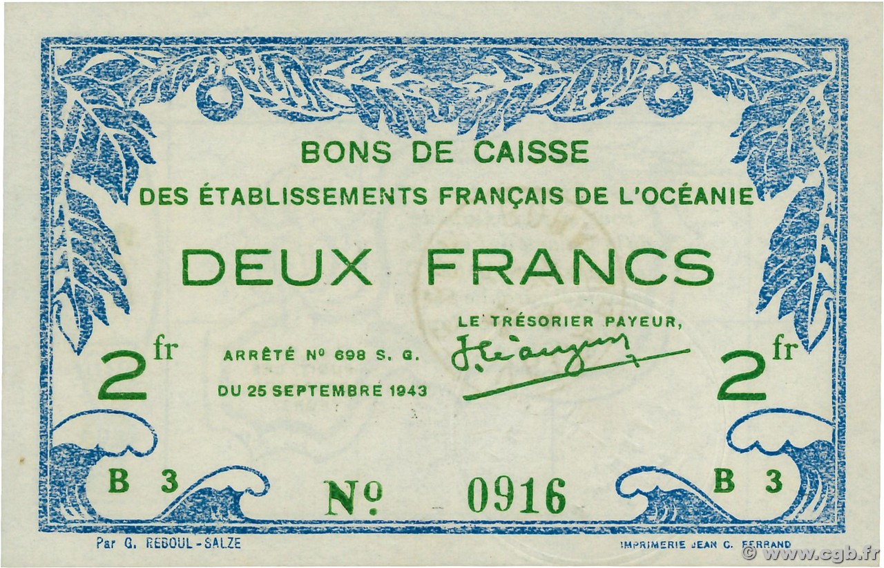 2 Francs OCÉANIE  1943 P.12c NEUF