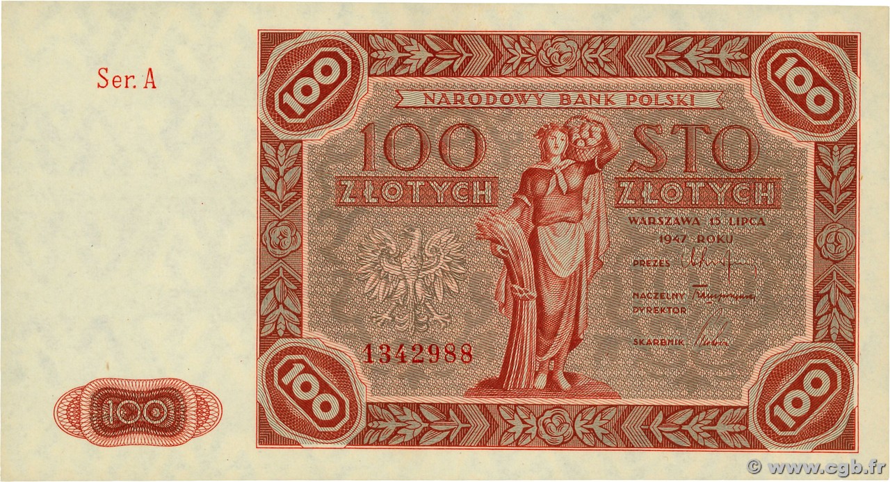 100 Zlotych POLOGNE  1947 P.131a NEUF