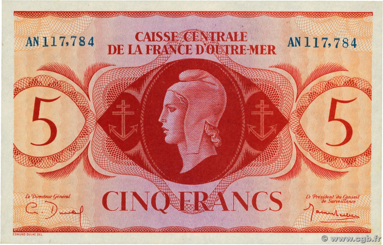 5 Francs REUNION INSEL  1944 P.36var ST