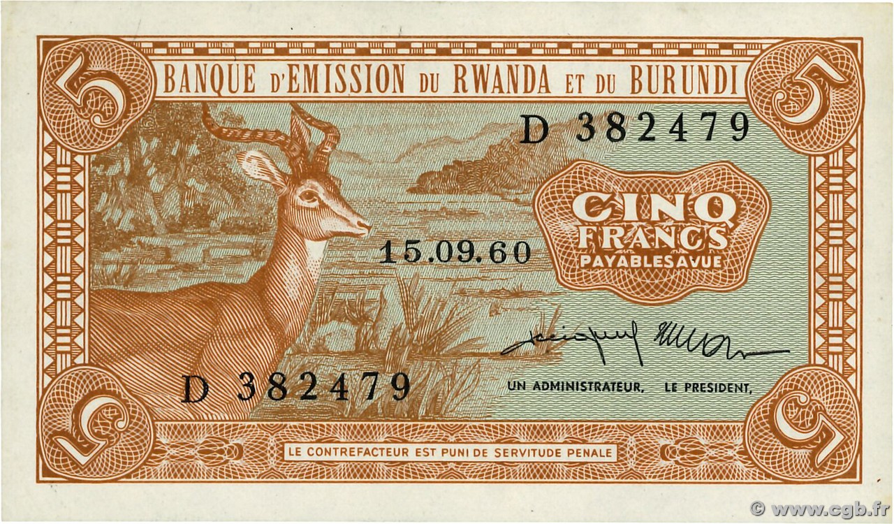 5 Francs RWANDA BURUNDI  1960 P.01a AU