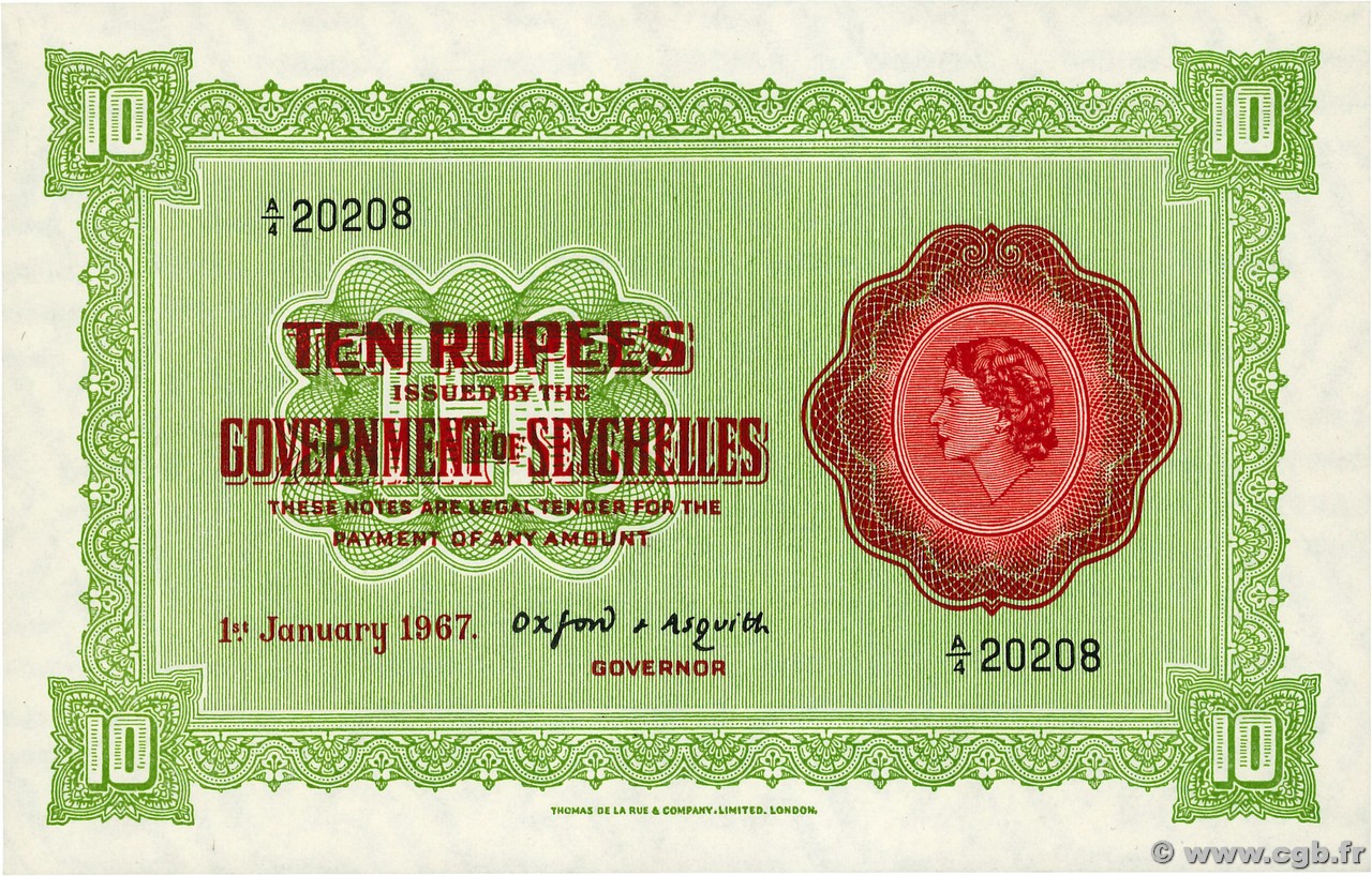 10 Rupees SEYCHELLES  1967 P.12d FDC